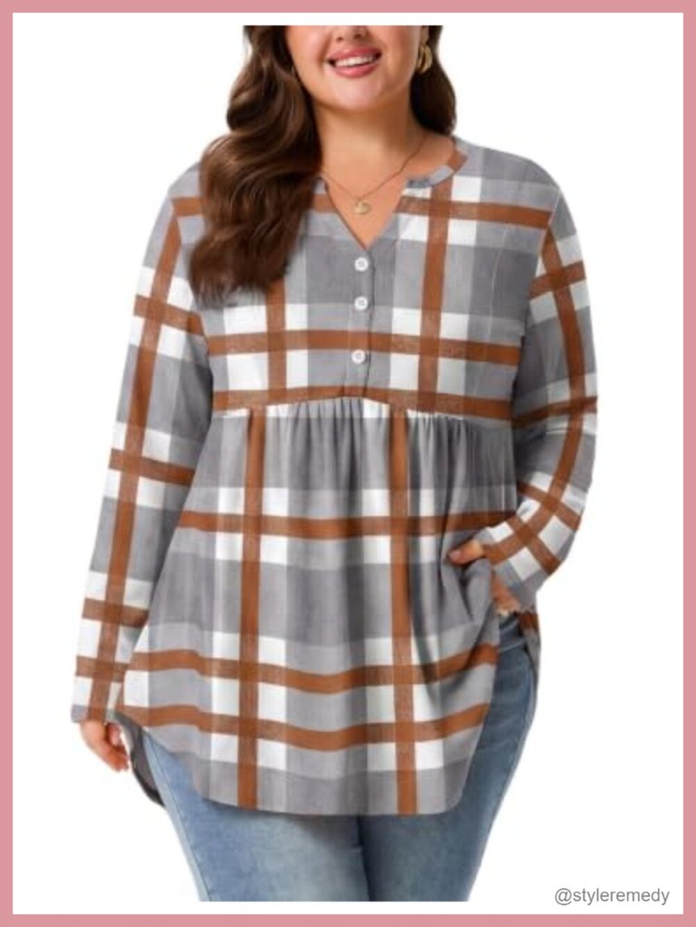 Brushed Thermal Plaid Henley Tunic Top Long Sleeve Plus Size